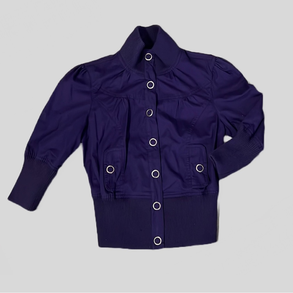 Miley Cyrus Max Azira Purple Jacket Buttoned 3/4 Ruched Sleeves Cropped Cuffed